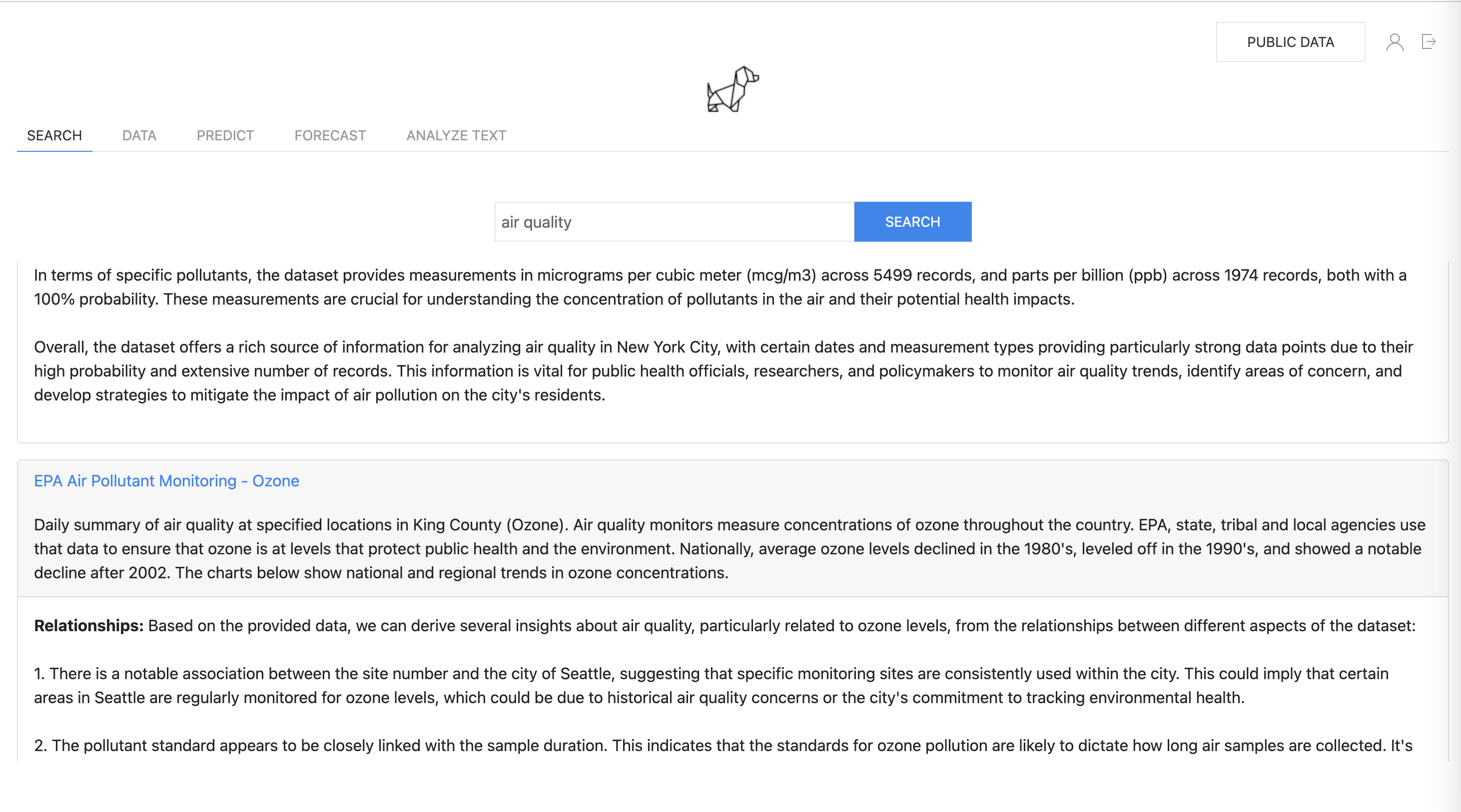 Milou search interface returning ranked insights across multiple datasets.